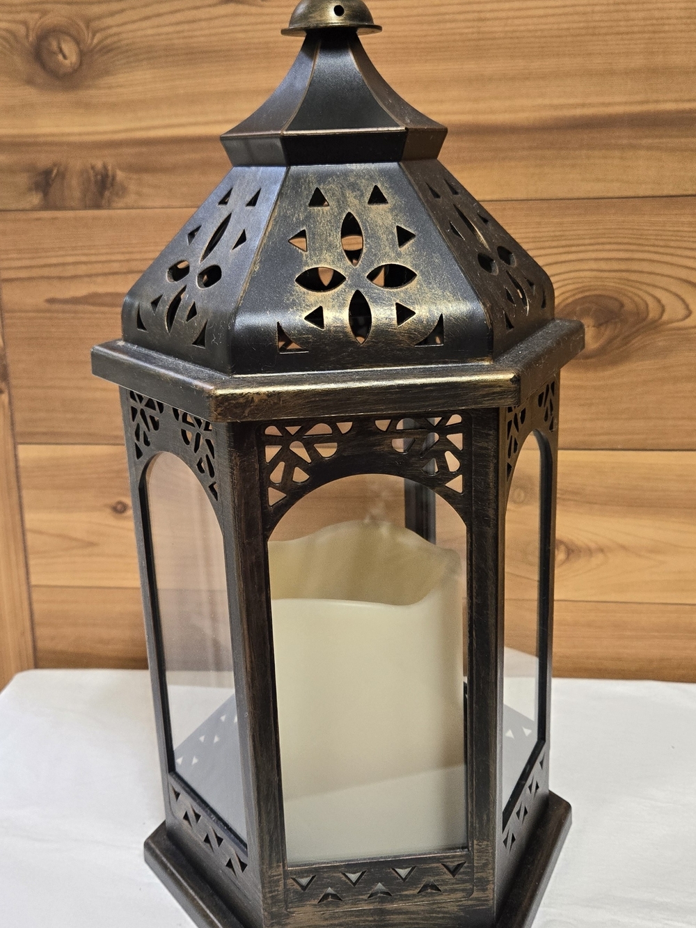 Metal Filigree Lantern with Ivory LED Candle - Bronze Finish